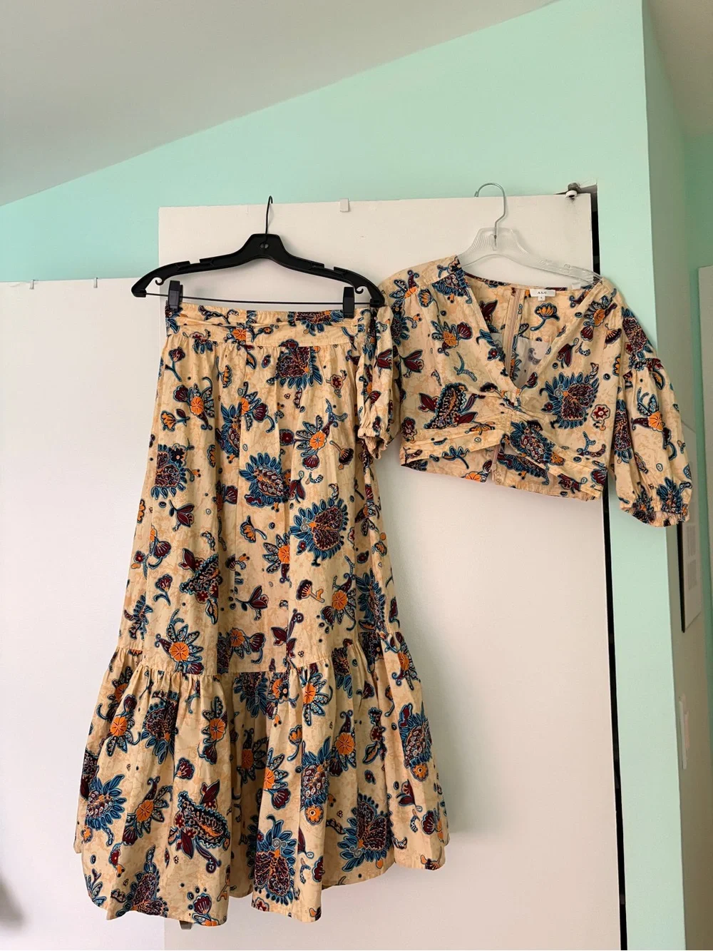 A.L.C. Cream Floral Tiered Midi Skirt Set with Blue & Orange Print - Picture 2 of 3